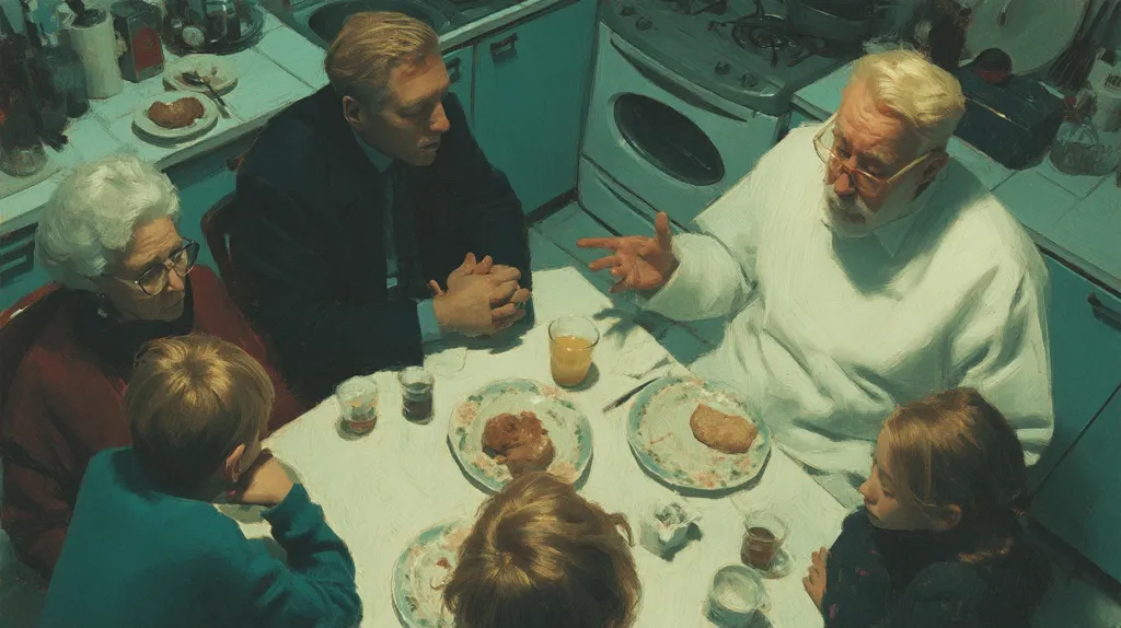 A family gathers around a kitchen table, bathed in soft, muted light.  An elderly woman sits beside a young boy, across from a man and woman engaged in conversation.  An older man, possibly the patriarch, gestures animatedly.  The scene is intimate and suggests a shared meal, possibly a family gathering.  The muted color palette creates a serene and nostalgic atmosphere.