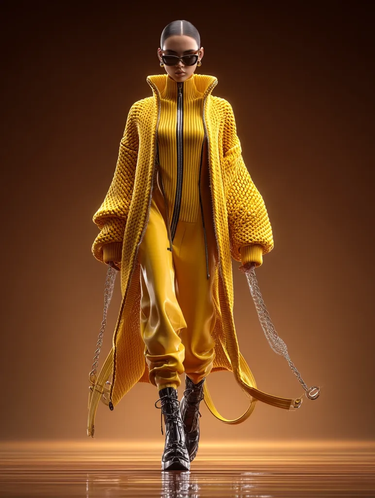 A stylish female model strides confidently, showcasing a monochromatic yellow ensemble.  She wears a chunky knit cardigan over a sleek, form-fitting jumpsuit, accented by black combat boots and sunglasses.  Long, metallic chains dangle from the cardigan, adding a touch of edginess to the overall look. The rich ochre background enhances the vibrant yellow of the clothing.  The image is digitally rendered, with a polished, high-fashion aesthetic.