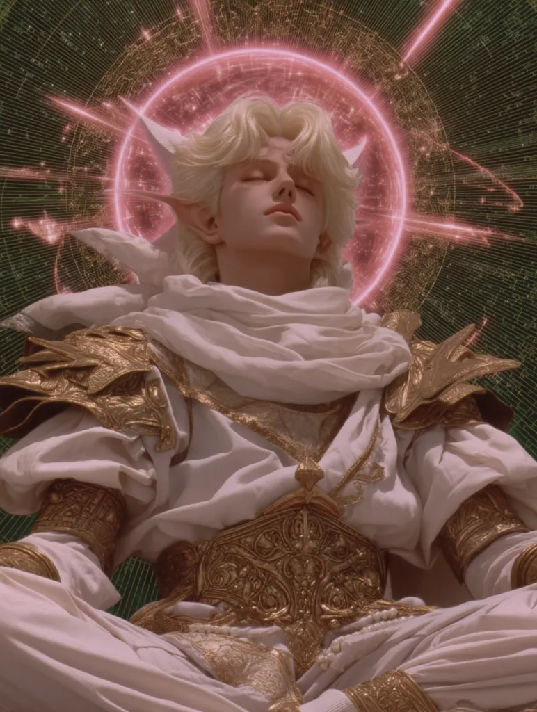 A serene figure, possibly an elf or celestial being, is depicted in a meditative pose.  Adorned in flowing white robes and intricate gold armor, the character exudes an ethereal quality.  A glowing pink halo, embedded with complex patterns, surrounds their head, enhancing the mystical atmosphere. The image's overall aesthetic is dreamlike and fantastical.