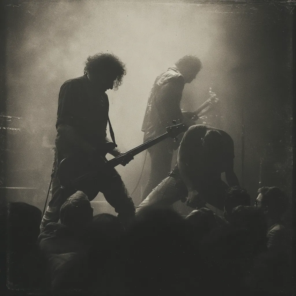 A black and white, smoky image captures a rock band mid-performance.  Two guitarists dominate the foreground, one sharply focused, the other slightly blurred, creating a sense of depth.  A third figure, possibly a bassist, is crouched low, interacting with the enthralled crowd.  The dimly lit stage and hazy atmosphere enhance the raw energy and intensity of the moment. The overall mood is dark, dramatic, and evocative of a live music experience.