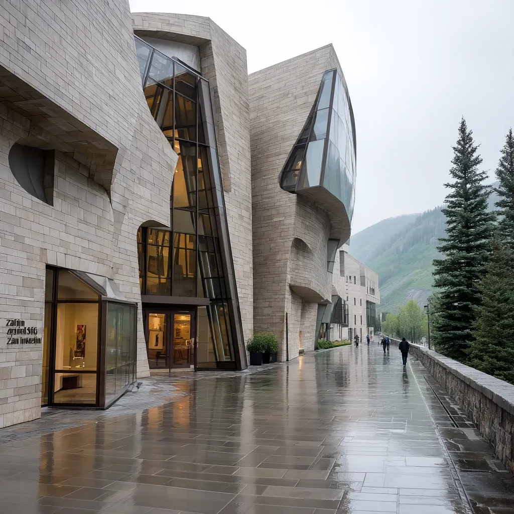 A modern museum, constructed of light-grey stone, stands under a grey sky.  Its angular design features large glass windows, reflecting the wet pavement.  A few people stroll along the walkway, which is glistening from recent rain.  A mountain range forms a backdrop, partially obscured by fog.  The building's architectural style is striking and contemporary.