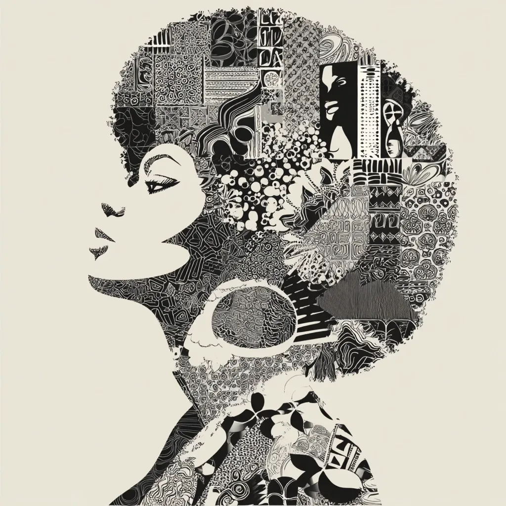 A black and white illustration of a woman's profile, her voluminous afro a mosaic of intricate patterns and textures.  The style is reminiscent of 1960s and 70s graphic design, incorporating various geometric and organic shapes. The overall effect is a striking blend of portraiture and abstract art, celebrating Black beauty and cultural richness.