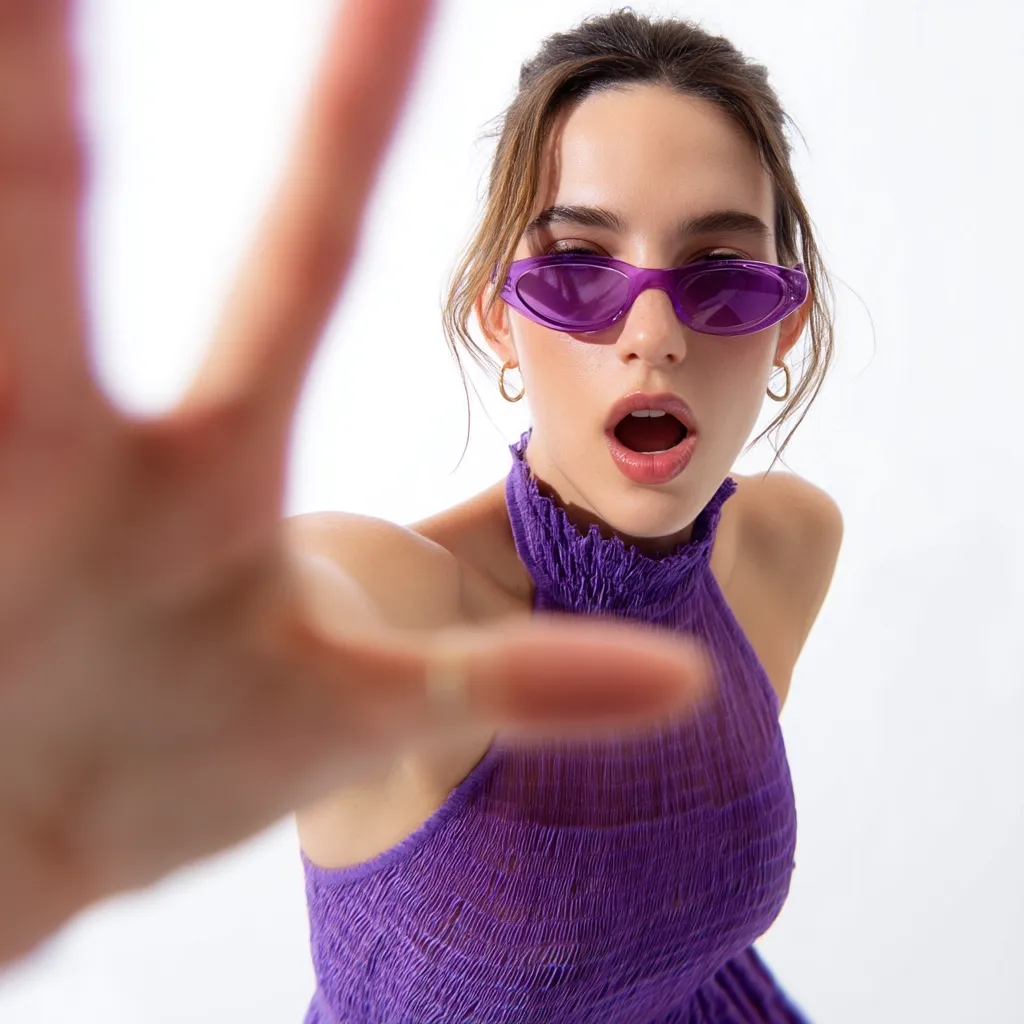 A young woman, wearing a purple halter dress and purple sunglasses, extends her hand towards the camera, her mouth open in a surprised expression. The image is close-up and features a bright white background, emphasizing the vibrant color of her outfit and the playful nature of the pose.  Her hand obscures part of the view, creating a dynamic and engaging composition.