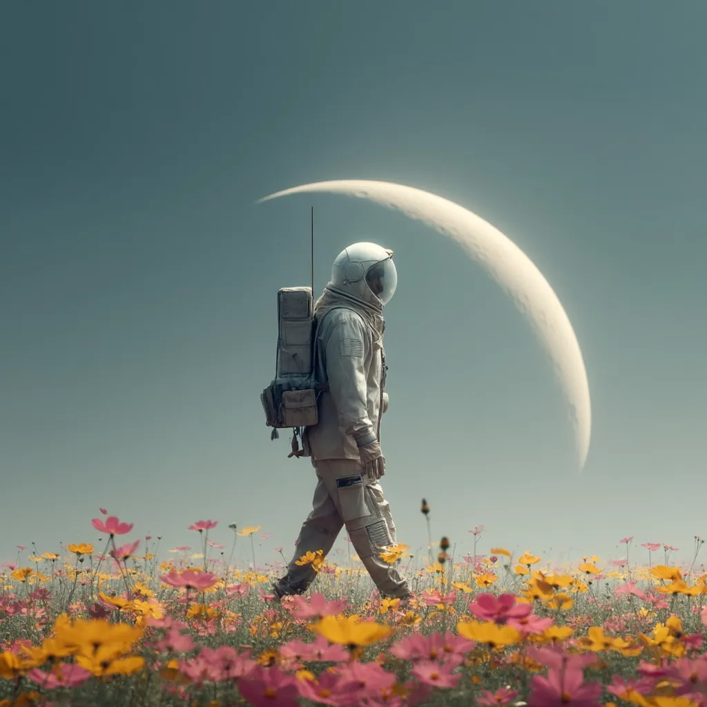 A lone astronaut in a vintage spacesuit walks through a field of colorful wildflowers under a pale crescent moon.  The scene is serene and evokes a sense of solitude and exploration.  The astronaut's back is to the viewer, their gaze directed towards the celestial body.  The muted color palette enhances the peaceful, almost melancholic mood.