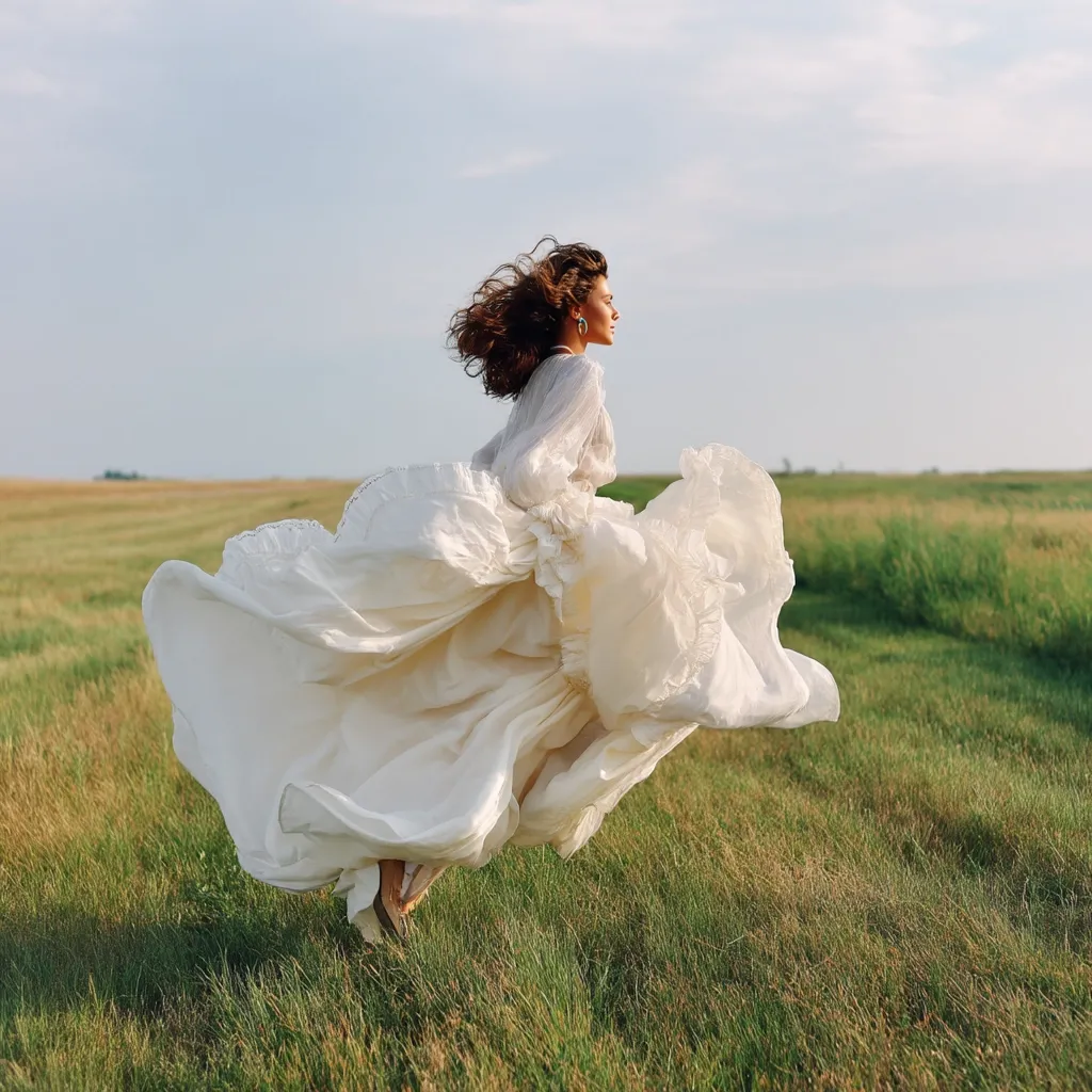 A woman with long brown hair runs through a grassy field, her flowing white dress billowing around her.  The dress is voluminous and ruffled, catching the light. The scene is peaceful and idyllic, with a wide open sky in the background. The woman's joyful movement is captured mid-stride, suggesting freedom and exhilaration.