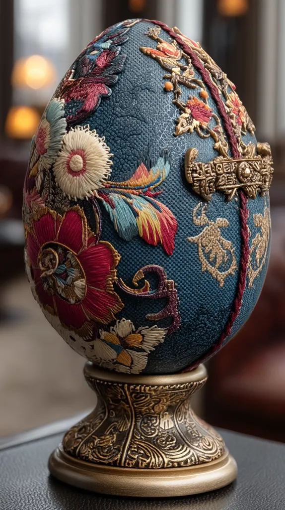 An intricately embroidered egg rests on an ornate gold stand. The egg's deep blue surface is adorned with vibrant floral motifs and gilded accents, showcasing meticulous handwork.  A dark maroon cord wraps around the egg, adding a touch of elegance.  The overall effect is one of exquisite craftsmanship and artistic detail.