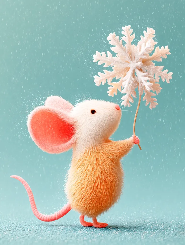 An adorable, fluffy orange and white mouse stands on a teal background, delicately holding a large, intricately detailed snowflake.  Light snow falls around it, creating a charming winter scene. The mouse's pink ears and tail add to its cuteness. The overall image is sweet and whimsical, evoking feelings of warmth and holiday cheer.