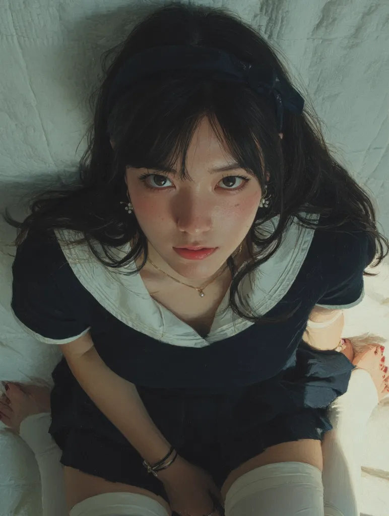A young woman with dark hair and bangs, wearing a dark sailor-style dress and white knee-high socks, looks directly at the camera from an overhead perspective.  She's adorned with a dark headband and delicate jewelry. Her expression is serious, and her pose is demure. The background is a simple, light-colored surface.
