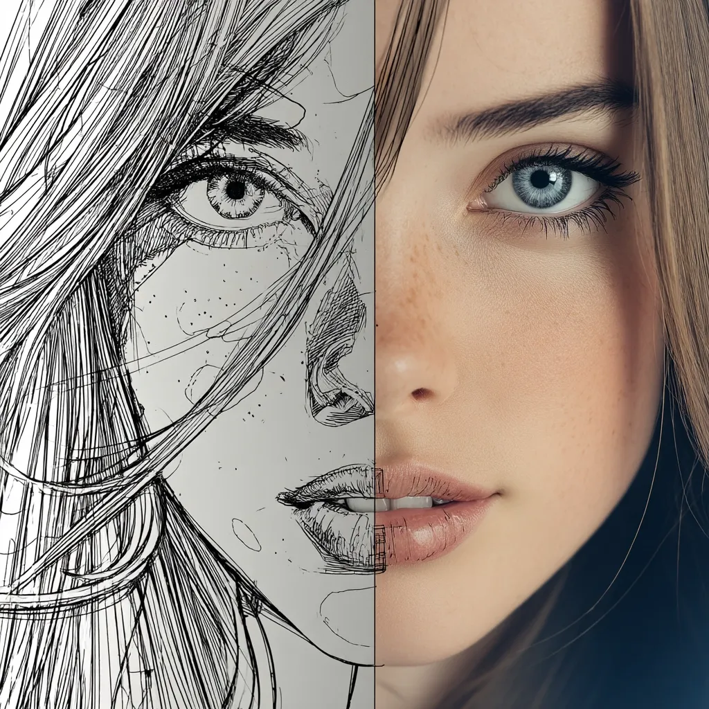 The image shows a striking split-face portrait. One half is a detailed ink drawing of a woman with flowing hair and expressive eyes, rendered in a style reminiscent of comic book art.  The other half reveals a realistic photograph of the same woman, showcasing her freckles and soft features.  The contrast highlights the transformation from line art to a photorealistic depiction.