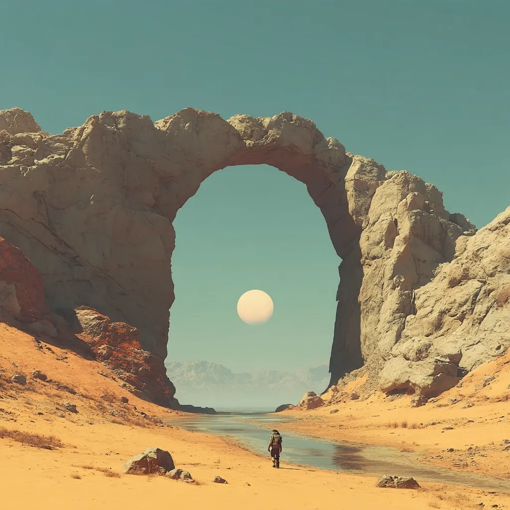 A lone figure treks through a desert landscape, a slender waterway leading towards a massive natural archway in a pale sandstone formation.  A large, pale celestial body hangs in the sky above, illuminating the scene with a soft, ethereal light.  The overall atmosphere is serene and somewhat otherworldly. The vastness of the desert and the scale of the rock formation emphasize the figure's smallness and sense of journey.