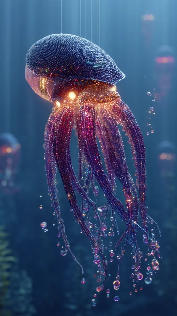 A mesmerizing digital artwork depicts a bioluminescent octopus, seemingly crafted from countless shimmering beads.  Its body glows with internal light, casting a radiant aura.  Long, elegant tentacles trail downwards, releasing iridescent droplets that drift in the dark, underwater environment.  Other similar, smaller creatures are faintly visible in the background, enhancing the ethereal, otherworldly atmosphere.