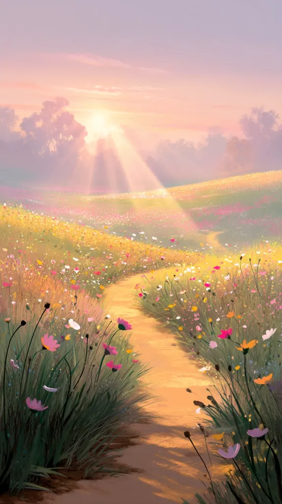 A sun-drenched path winds through a vibrant field of wildflowers.  The warm light of the setting sun casts long shadows, creating a peaceful and idyllic scene.  Soft pastel colors dominate the landscape, evoking a sense of serenity and tranquility.  The path invites the viewer on a journey through this beautiful, blossoming meadow.