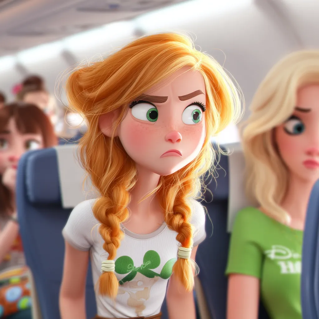 A digital illustration of a young girl with fiery red hair styled in two braids, seated on an airplane.  She wears a light-colored t-shirt and has a slightly grumpy expression.  Another blonde girl, out of focus in the background, sits beside her. The scene is bright and cheerful, indicative of a stylized animation style.