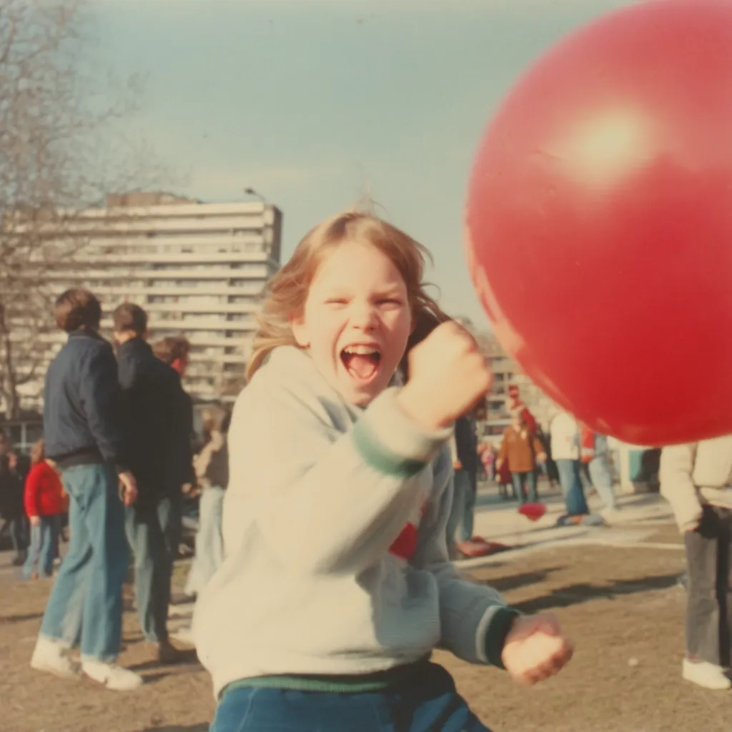 A young girl with blonde hair, wearing a light gray sweater and blue pants, excitedly punches a large red balloon.  She's outdoors in a park-like setting with tall buildings in the background, and other people are visible in the blurred distance. The girl's expression is one of pure joy and exertion, captured in a vintage photograph.  The overall mood is playful and energetic.