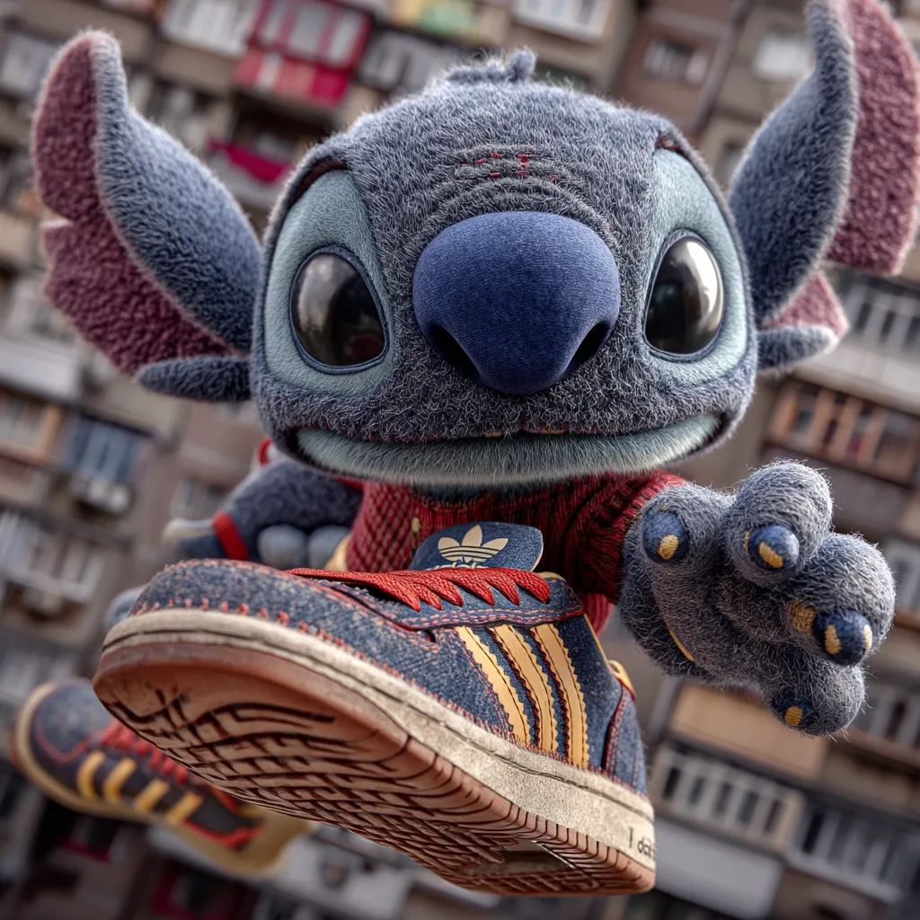 A close-up shot of a stylized Stitch, the Disney character, rendered in a hyperrealistic furry texture.  He's wearing a red sweater and a pair of Adidas sneakers, his foot prominently displayed in the foreground.  The background is blurred, showing a multi-story building, creating a contrast between the character and the urban setting. Stitch's playful expression adds to the whimsical nature of the image.