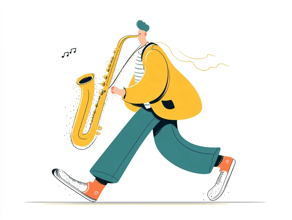 A stylized illustration depicts a person in a yellow jacket and teal pants joyfully playing a saxophone while walking.  The figure is dynamic, legs in mid-stride, suggesting movement and energy.  Musical notes float near the saxophone, adding to the lively scene.  The style is minimalist and modern, with bold colors and simplified lines.