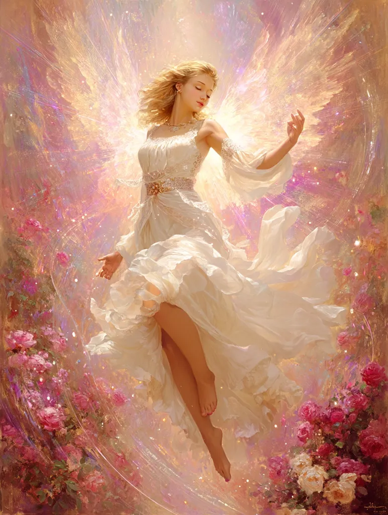 A blonde woman, angelic in appearance, floats gracefully amidst a field of pink roses.  She wears a flowing white gown, her wings shimmering with a golden light.  The overall atmosphere is dreamy and ethereal, with soft pastel colors and a sense of otherworldly beauty.  Light sparkles around her, enhancing the magical quality of the scene.