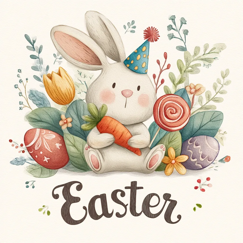 An adorable watercolor illustration for Easter features a cute bunny wearing a party hat.  The bunny sits amidst colorful flowers, Easter eggs, and holds a carrot.  A lollipop adds to the festive scene. The word "Easter" is elegantly scripted below, completing the charming springtime greeting.