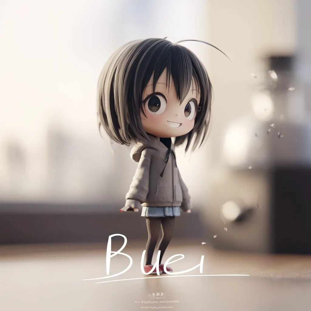 A 3D rendered image of a cute chibi-style anime girl with short brown hair. She's wearing a grey hoodie and a short black skirt.  She's standing on a wooden surface with a blurry background suggesting an outdoor setting.  The name "Buei" is written elegantly beneath her, possibly her name.  Small particles are subtly floating around her, adding a dreamy quality to the scene.
