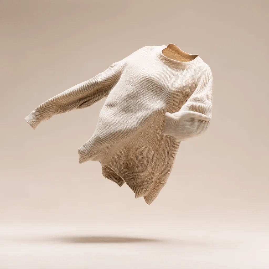 A beige knit sweater floats against a neutral background.  The sweater is shown in mid-air, sleeves outstretched, giving a sense of weightlessness and movement.  The texture of the knit is visible, and the overall style is simple and minimalist. The image is softly lit, enhancing the garment's soft appearance.