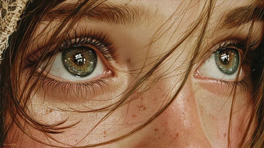 A close-up, hyperrealistic painting of a young woman's eyes.  Her light brown hair partially obscures her face, strands falling across her cheeks and eyes.  Her eyes are a striking green, flecked with gold, and her skin shows subtle freckles and a soft glow.  The detail is exceptionally fine, capturing the texture of hair, skin, and eyelashes with remarkable precision.
