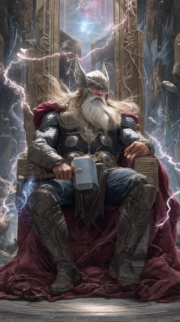 An aged Odin, King of Asgard, sits upon his majestic throne.  His long, white beard flows down his chest, and he holds his iconic hammer, Mjolnir.  He is adorned in ornate armor and a crimson cloak, surrounded by swirling energy and ethereal light, signifying his power and divine status. The scene is dramatic and steeped in mythical grandeur.