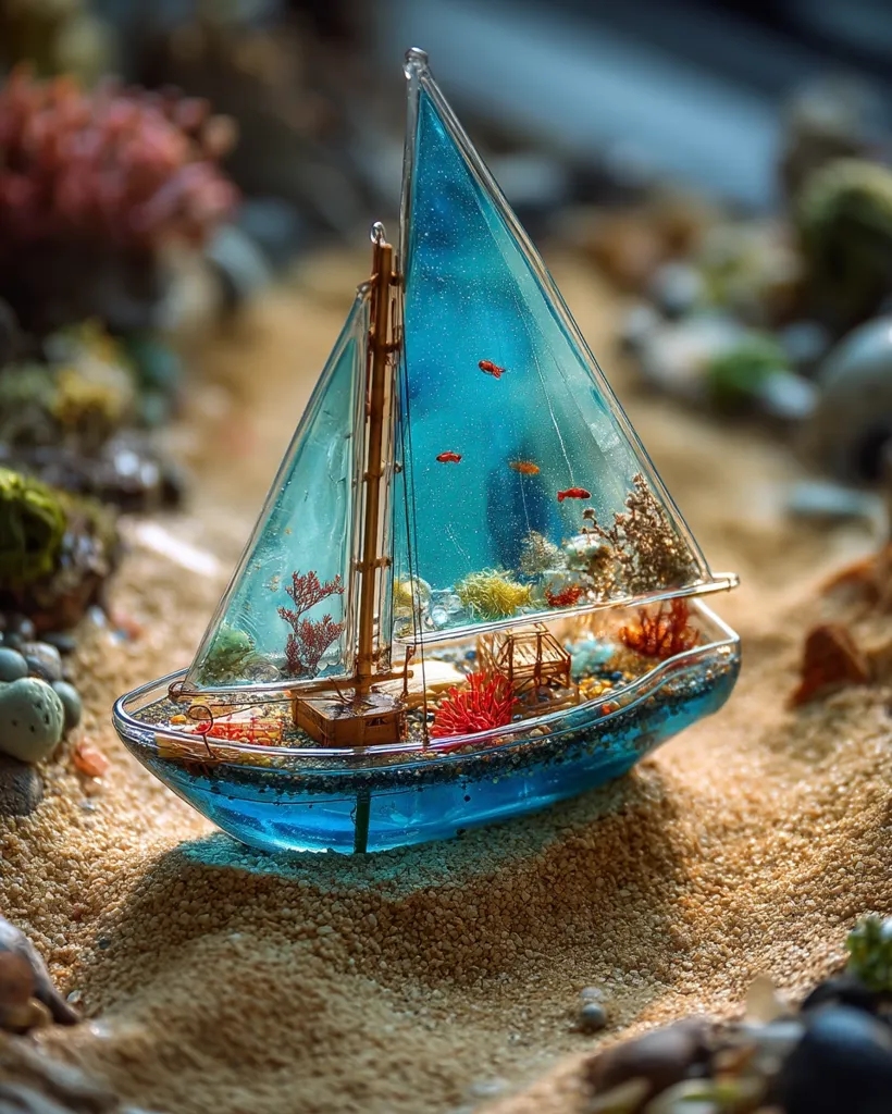 A miniature sailboat, crafted from glass and resin, sits nestled in a bed of sand.  The translucent hull encases a miniature underwater scene: tiny coral, small fish, and other aquatic elements. The sailboat's wooden mast and sails add a touch of realism to this charming, handcrafted artwork, creating a captivating seascape in miniature.