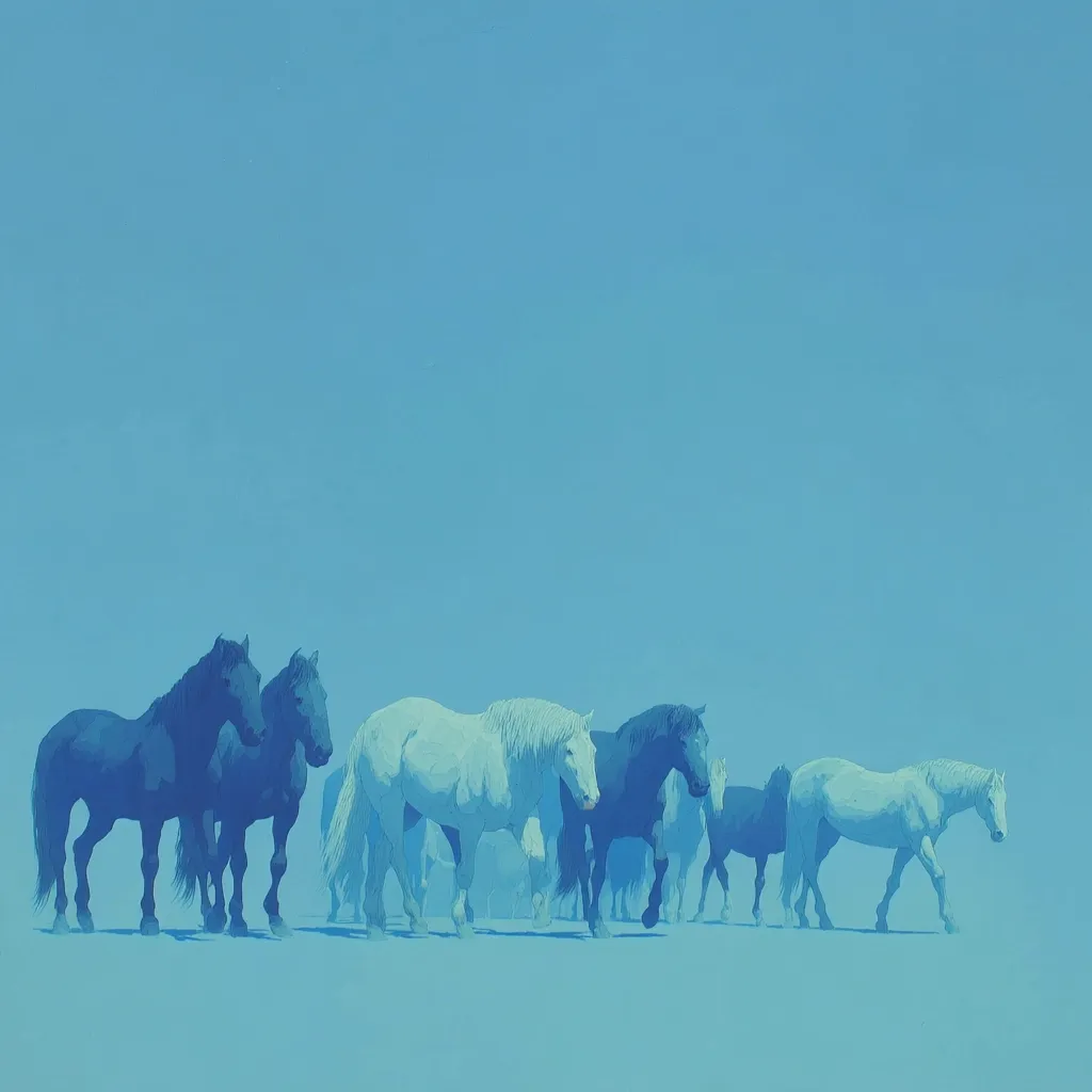 A minimalist painting depicts a herd of horses against a pale blue sky.  Two dark horses stand prominently in the foreground, slightly offset from a group of lighter colored horses.  The style is muted, with a limited palette emphasizing the serene atmosphere and the animals' forms. The overall effect is one of quiet dignity and peaceful coexistence.