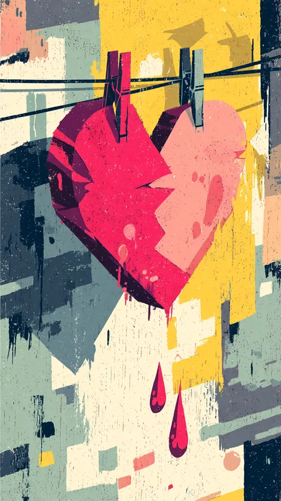 A broken heart, depicted as two halves of a pink and red heart hanging on a clothesline with wooden clothespins, drips red paint against an abstract background of yellow, gray, and muted colors. The style is reminiscent of graffiti or street art, with textured brushstrokes and a distressed aesthetic. The image powerfully symbolizes heartbreak and loss.