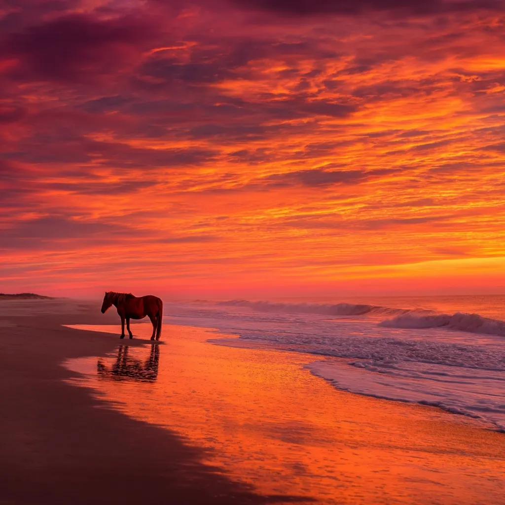 A lone wild horse stands on a tranquil beach at sunrise. The vibrant, fiery orange and pink sky is reflected in the wet sand, creating a breathtaking scene. Gentle waves caress the shore, completing the idyllic and peaceful coastal landscape.  The horse's silhouette is stark against the bright sky, a symbol of serenity and untamed beauty.
