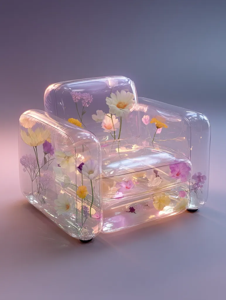 A transparent inflatable armchair is filled with delicate, pressed flowers.  The chair's clear, segmented design allows the blooms to be visible from all angles, creating a whimsical and ethereal aesthetic.  Soft, pastel-colored flowers are interspersed throughout the chair's structure, adding a touch of natural beauty to the modern, minimalist design.  The overall effect is both elegant and playful.