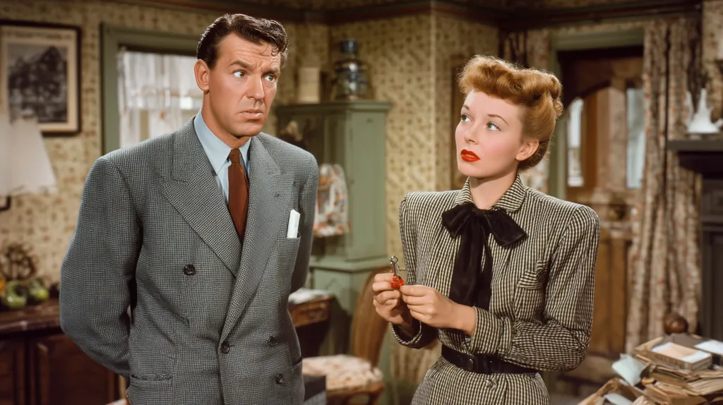 A still image from a classic film shows a man and woman in period attire. The man, in a grey double-breasted suit and a serious expression, stands slightly behind the woman. She is stylishly dressed in a checkered suit with a large black bow, and holds a small object in her hands.  The setting appears to be a vintage home interior with patterned wallpaper. The scene suggests a moment of intrigue or subtle conflict.