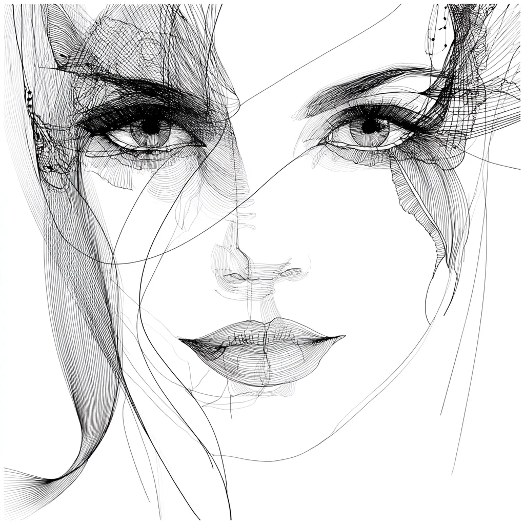 A monochromatic line drawing depicts a woman's face, her eyes captivating the viewer.  Intricate, flowing lines create a sense of movement and texture, particularly in her hair which seems to swirl around her features. The style is abstract, emphasizing the elegance of her form rather than strict realism.  The lines are delicate yet bold, conveying a mood of quiet contemplation.
