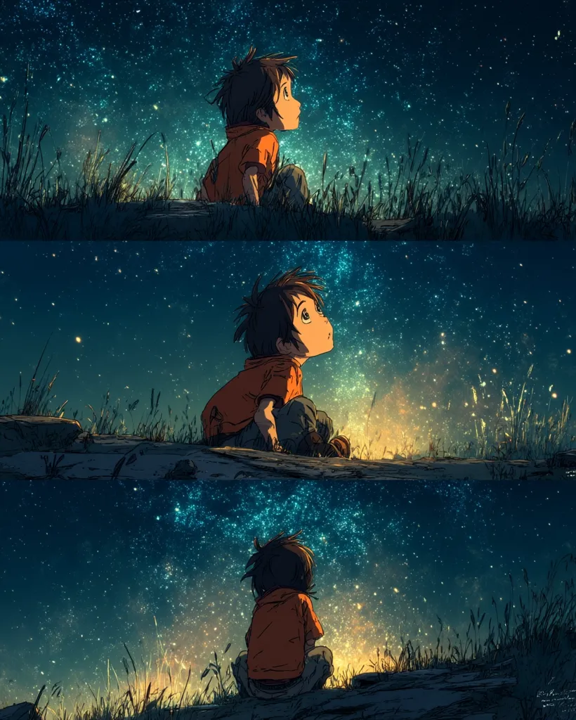 A young boy, depicted three times, sits amidst tall grass gazing upwards at a breathtaking night sky filled with countless shimmering stars.  The boy wears an orange short-sleeved shirt and pants, his posture expressing wonder and awe at the celestial spectacle above. The artistic style is reminiscent of animation, with a blend of detailed character rendering and a painterly sky.  The scene evokes a sense of tranquility and childhood dreams.