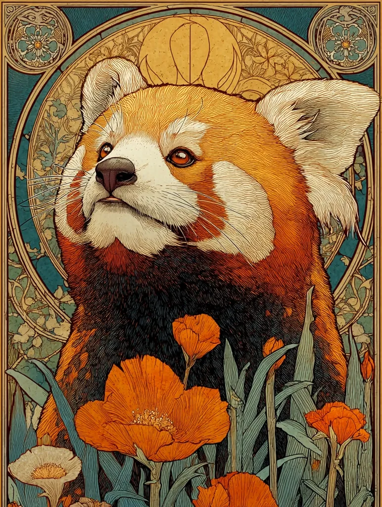 A majestic red panda is depicted in an Art Nouveau style illustration.  The panda's fur is meticulously detailed, its expression serene.  It is surrounded by vibrant orange poppies and stylized foliage, all within an ornate, decorative frame featuring floral motifs. The color palette is warm and earthy, creating a visually striking and peaceful image.