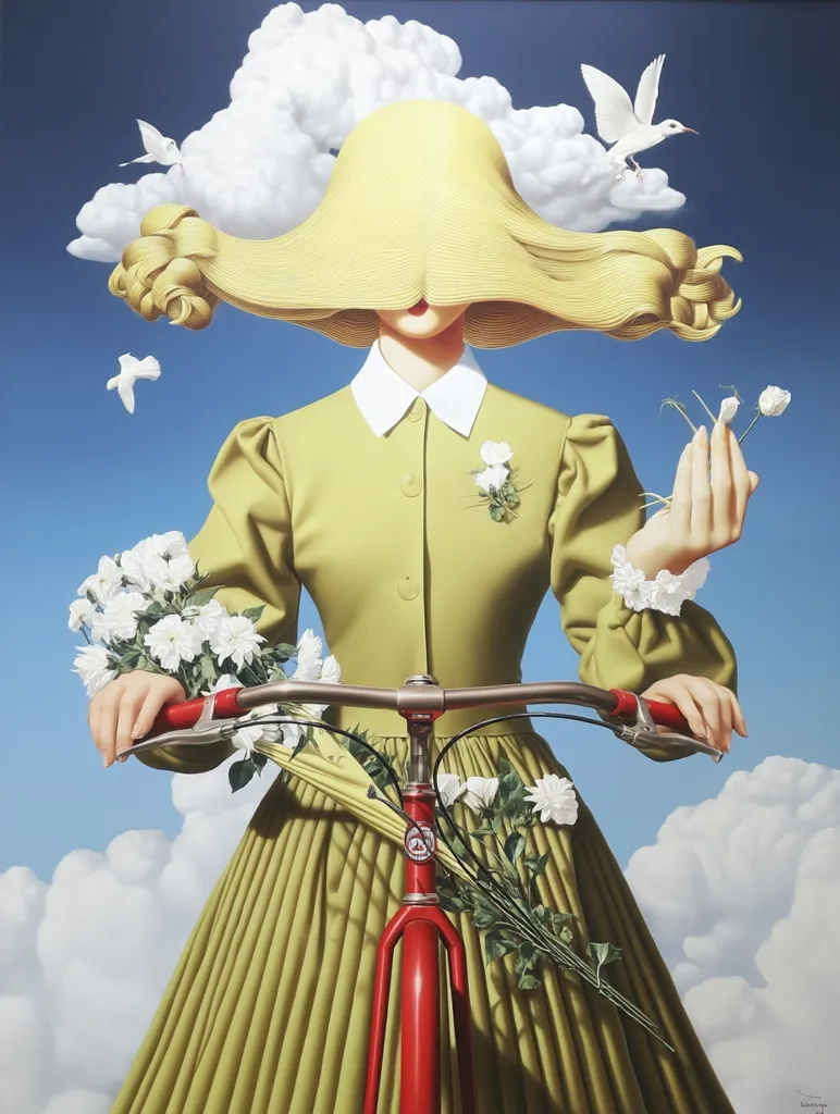A woman in a lime green dress and oversized yellow hat, reminiscent of a cloud, rides a red bicycle.  White flowers adorn her dress and handlebars.  Small white birds fly around fluffy clouds in a surreal, dreamlike sky. The style is hyperrealistic, creating a striking, almost magical, image.