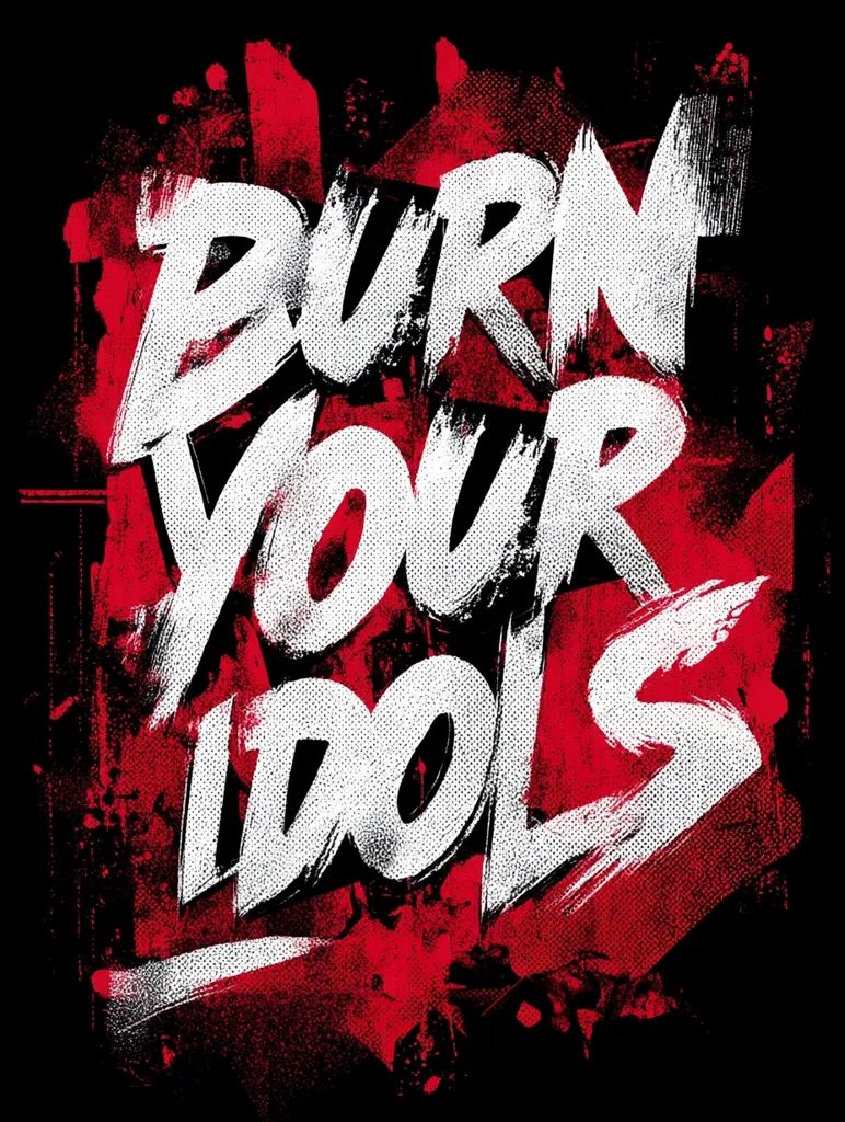 The image features bold, white brushstroke lettering that reads "BURN YOUR IDOLS" against a backdrop of red and black grunge splatters.  The style is aggressive and rebellious, suggesting a message of challenging societal norms or expectations. The textured background adds to the raw, energetic feel of the design.