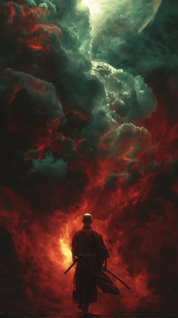 A bald, robed figure, possibly a monk or samurai, stands with his back to the viewer, holding two swords.  He faces a dramatic, swirling sky filled with ominous red and green clouds, resembling a fiery nebula or tempest.  The scene is intensely atmospheric, suggesting a journey into the unknown or a confrontation with powerful forces.  The overall mood is one of epic scale and impending conflict.