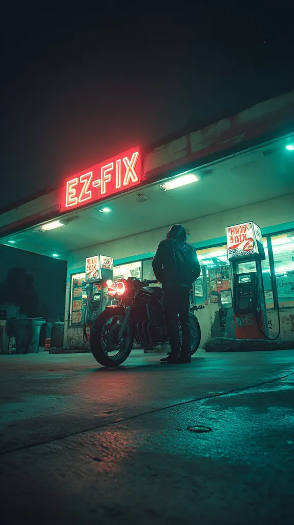 A lone figure stands beside their motorcycle at a deserted gas station at night.  The neon sign of "EZ-FIX" glows brightly above, casting a red hue.  Teal-lit gas pumps flank the scene, adding to the nocturnal ambiance.  The overall mood is mysterious and slightly melancholic, a blend of urban solitude and vibrant neon lighting.