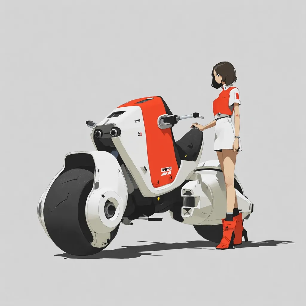 A stylish anime-styled girl stands beside a futuristic motorbike. The bike is predominantly white with bold orange accents, featuring a large single front wheel and a sleek, minimalist design. The girl is dressed in a short white skirt and a red top, completing the vibrant color scheme of the illustration.  The overall style is clean and modern, with a focus on sharp lines and a muted background.