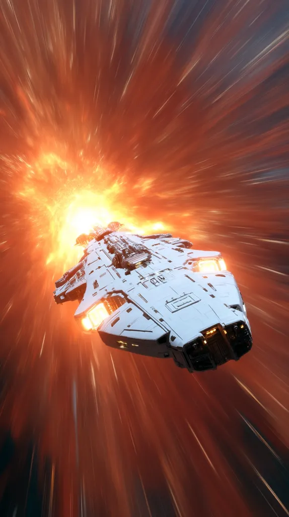 A sleek, white spaceship, possibly a cruiser, hurtles through space, leaving a fiery trail of orange and red streaking behind it.  The ship is angled towards the viewer, showcasing its detailed design.  The intense, radial motion blur suggests incredible speed, possibly exceeding warp speed, as it navigates a dynamic, energetic space environment. The vibrant colors create a sense of dynamism and power.