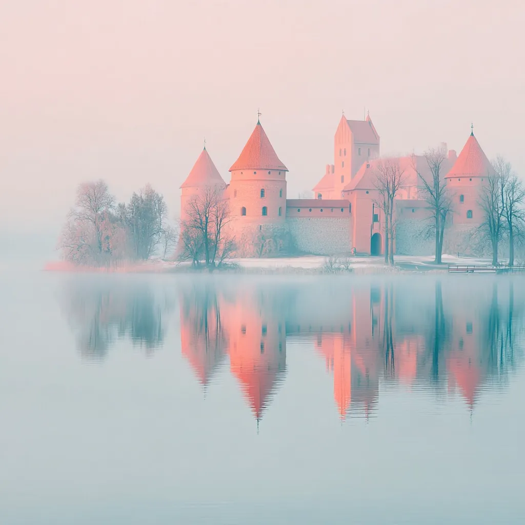 A fairytale castle, bathed in soft, pale light, sits serenely on a misty lake.  Its red brick towers and walls are reflected perfectly in the still water. Bare winter trees encircle the castle, adding to the tranquil, almost ethereal atmosphere.  A light fog hangs low, enhancing the dreamy, picturesque scene.