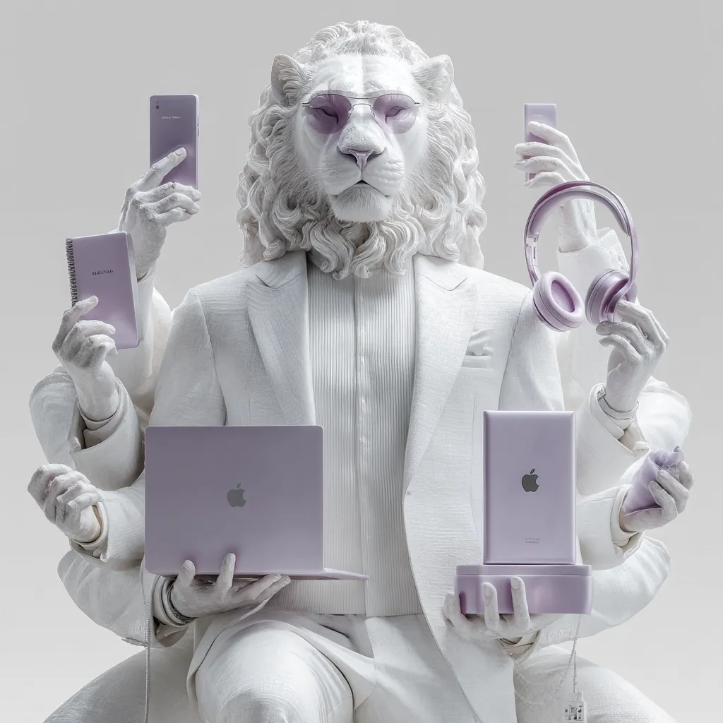 A white marble statue of a lion in a suit is depicted with multiple arms, each holding a different lilac-colored tech gadget.  These include a laptop, smartphone, headphones, notepad, and a portable speaker. The overall aesthetic is minimalist and luxurious, suggesting a powerful and multitasking individual.  The lion's sunglasses add a touch of playful irony.