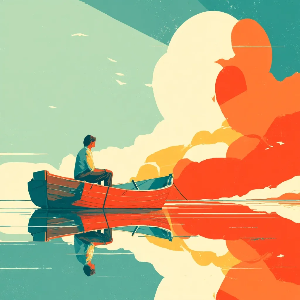 A man sits alone in a small red rowboat on a calm body of water.  The sky above is a blend of soft teal and vibrant orange clouds, suggesting a tranquil yet dramatic atmosphere. The boat's reflection is perfectly mirrored on the still water, enhancing the serene and somewhat surreal quality of the scene.  The overall style is minimalist and evocative.
