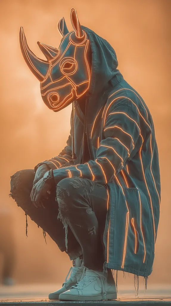 A person wearing a hooded jacket and ripped jeans is crouched down.  The jacket features bright orange neon lines.  The most striking element is the person's rhino-shaped mask, also outlined in neon orange. The setting appears to be outdoors, with a warm, hazy orange background. The overall style is futuristic and edgy.  The person's white sneakers are visible at the bottom.
