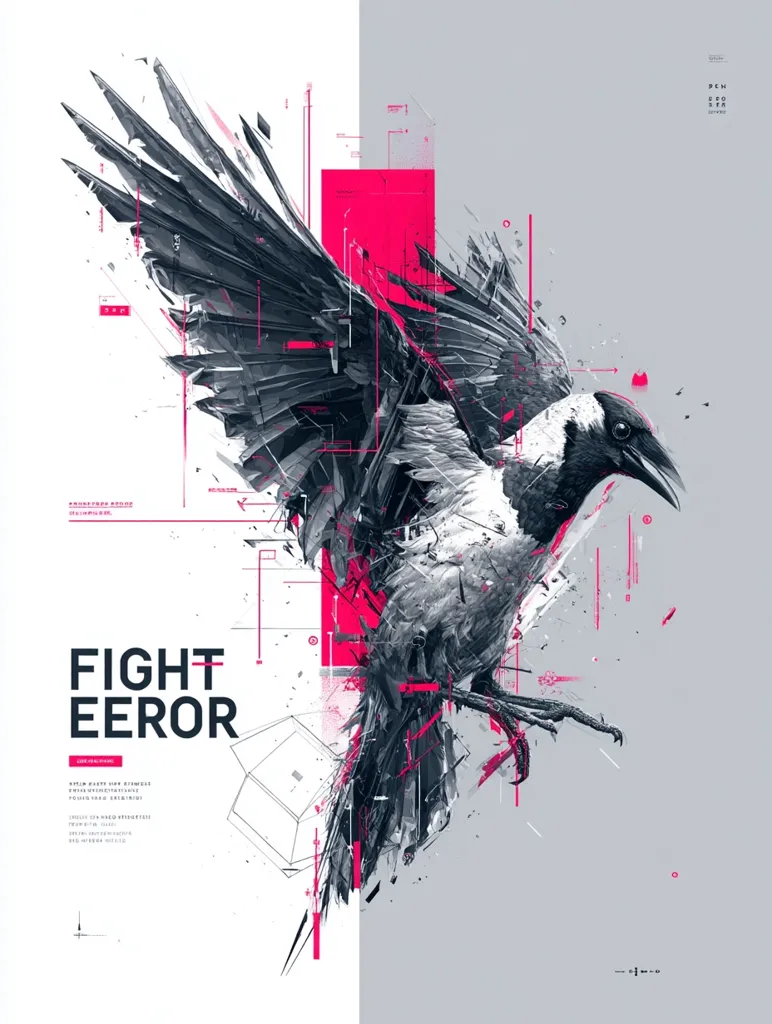 A stylized illustration features a crow, its form deconstructed and rebuilt with sharp, geometric shapes and lines.  Bold pink accents contrast with the grayscale bird, creating a dynamic, abstract composition.  The words "FIGHT EEROR" are prominently displayed, suggesting a theme of struggle or overcoming obstacles.  The overall aesthetic blends digital and organic elements, resulting in a visually striking and powerful image.