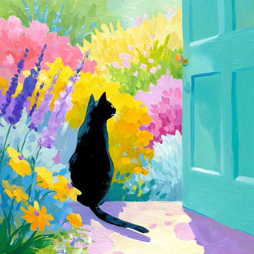 A black cat sits serenely amidst a vibrant, colorful garden, its gaze directed towards a partially open teal door.  The garden explodes with hues of pink, yellow, purple, and blue flowers, painted in a loose, impressionistic style. The cat's silhouette contrasts sharply against the bright blossoms, creating a captivating interplay of light and shadow.  The overall mood is peaceful and idyllic.