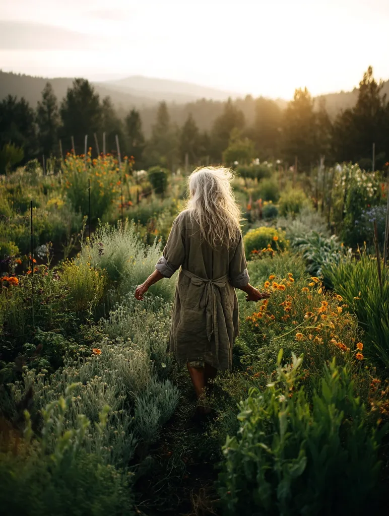 A woman with long gray hair walks through a lush garden at sunset.  Her back is to the camera, and she wears a loose, long linen dress. The garden is vibrant with a variety of flowers and plants, extending to a distant line of trees and hills bathed in golden light.  A peaceful and serene atmosphere pervades the scene.