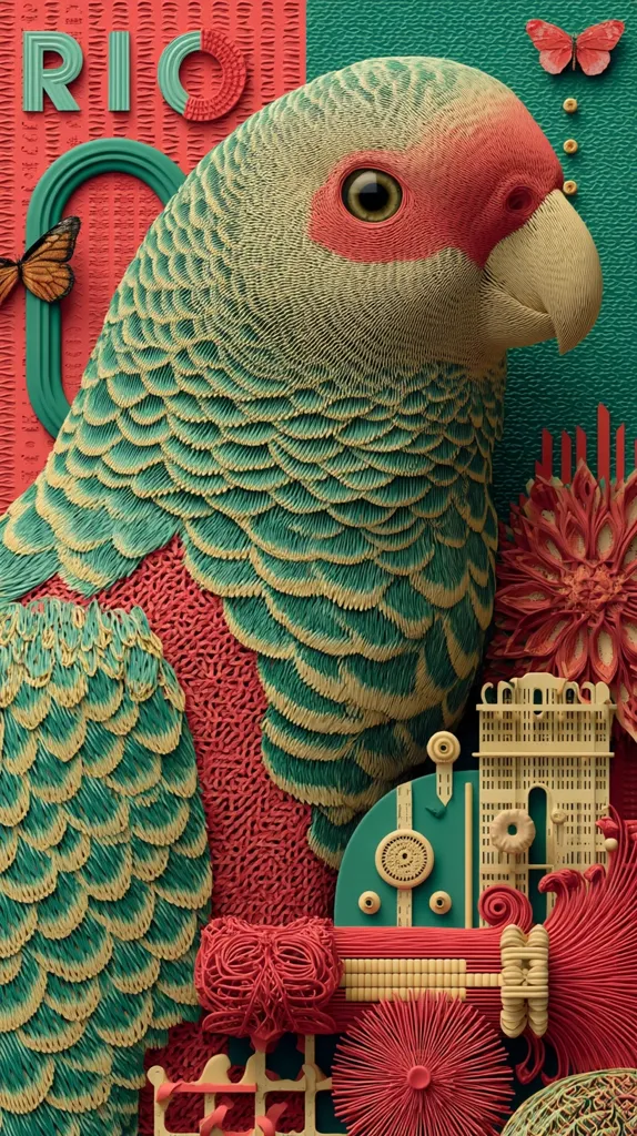 A vibrant digital artwork features a parrot's head and shoulder, rendered in a textured, sculpted style with teal and coral tones.  The parrot's plumage is meticulously detailed, resembling woven or knitted fabric.  The background includes textured patterns, stylized flowers, and architectural elements, creating a collage-like effect.  Butterflies add a touch of whimsy to this richly detailed composition.  The word "RIO" is partially visible in a stylized font.