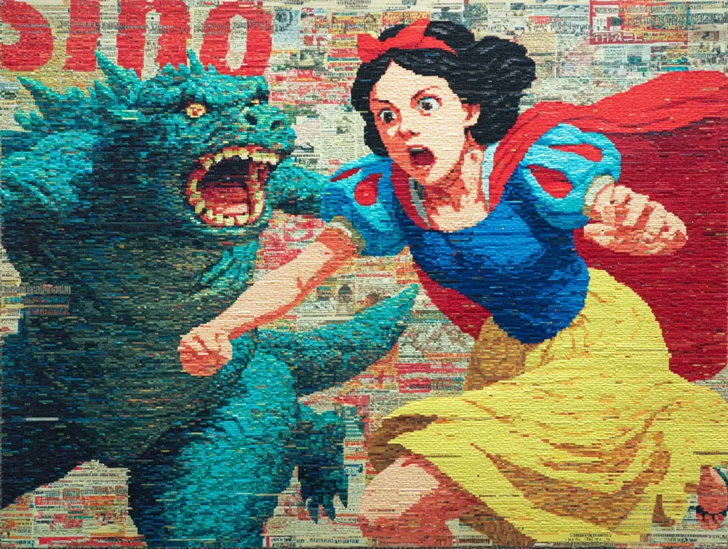 A vibrant mosaic artwork depicts Snow White fleeing a monstrous Godzilla-like creature.  Snow White, rendered in bold colors, is in mid-flight, her expression one of fear and determination. The monster, teal and menacing, looms behind her. The background is a collage of fragmented newspaper clippings, adding a layer of texture and narrative complexity. The overall style is bold and dynamic, blending pop culture icons with a unique artistic technique.